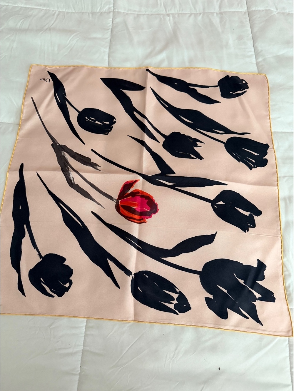 Dior Pink Silk Scarf with Black and Red Floral Design